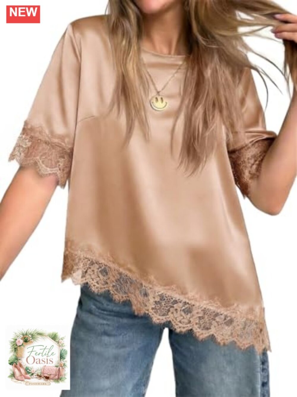 Satin Silk Blouse Short Sleeve Lace Trim Asymmetrical Top